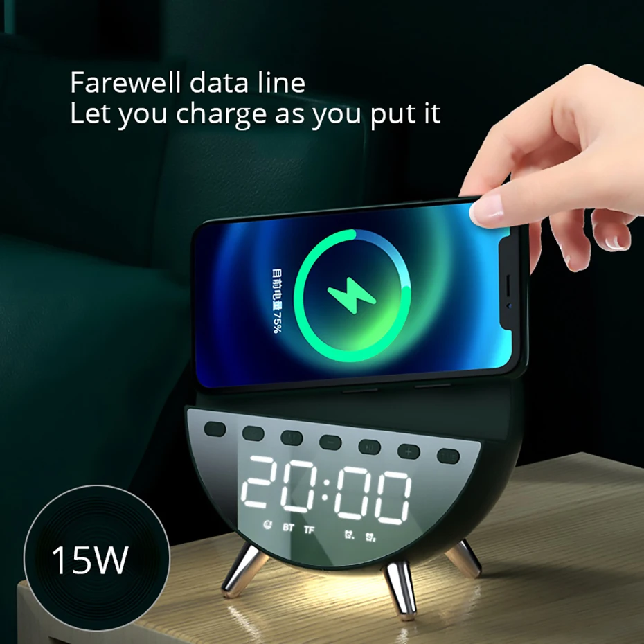 5in1 Wireless Charger Alarm Clock Bluetooth Speaker 15w Fast Charging