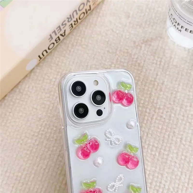 3D Cherry iPhone Case with Butterfly & Pearl Design