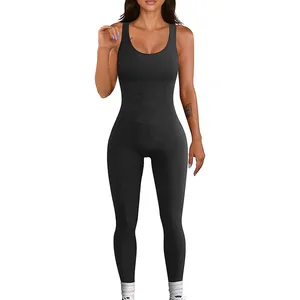 New Women's0 Solid Color Sleeveless Vest with Threaded square Collar and Exposed Back Tight Fitting Hip Lifting Sports Jumpsuit