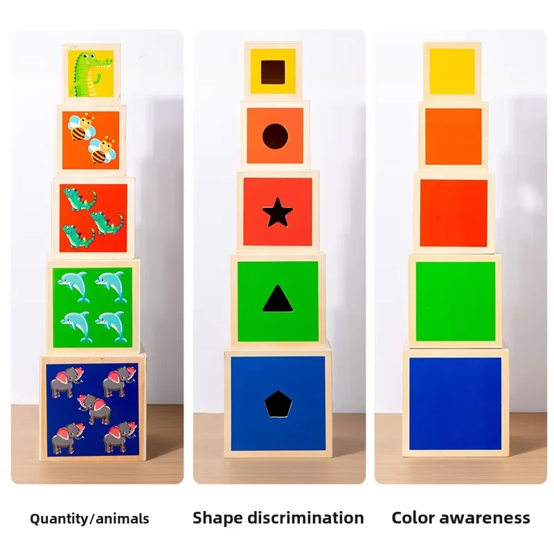 Montessori-Materialien Stapelbare Boxen, Lernwürfel, Bausteine für 2 Jahre alte Babys, Frühkindliche Lernspielwaren zum Sortieren und Stapeln