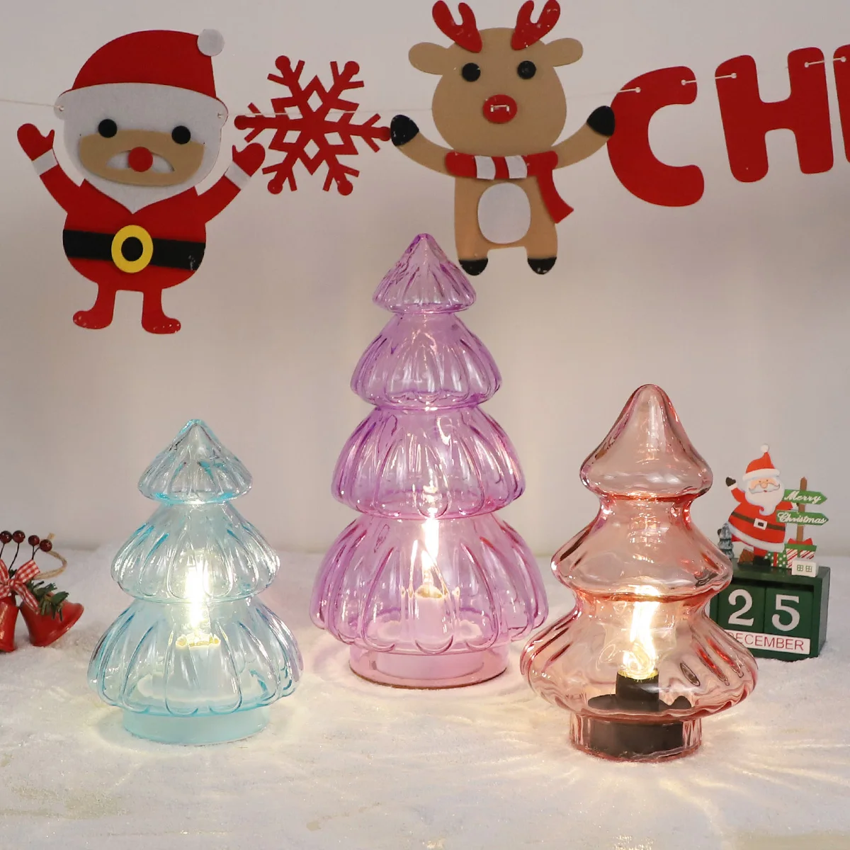 Custom Spring Handmade Clear Glass Special Shape Xmas Tree Tabletop Ornament Merry Christmas Battery Operated Glowing Craft