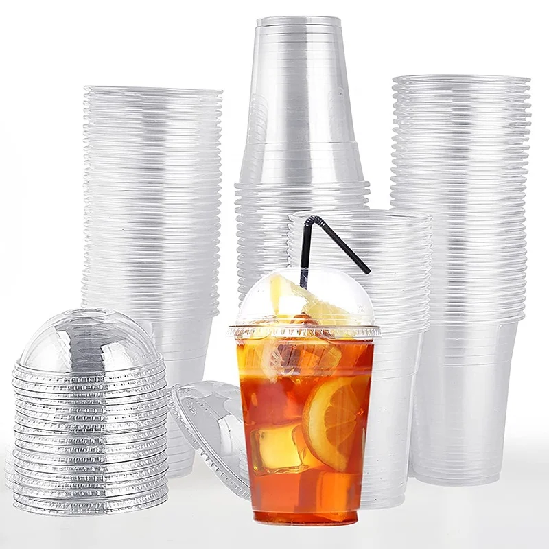 Disposable Clear Plastic Iced Coffee Cups With Lids for Drinks Bubble Boba Tea Cup Sealer for Party Cocktail 50 Pack