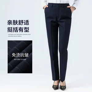 Navy Blue Striped High Waist Women's Work Pants Cropped Straight Leg Overalls Flat Front Style