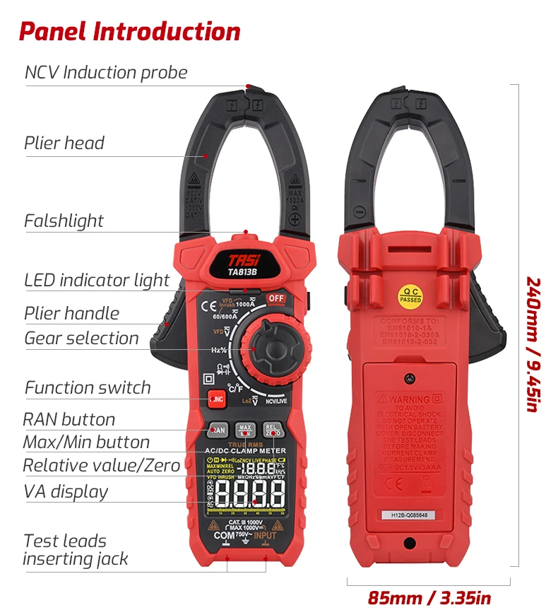 Tasi Ta813b 6000 Counts True Rms Clamp Meter Ac Dc 1000a Ohm Lowz Ncv ...