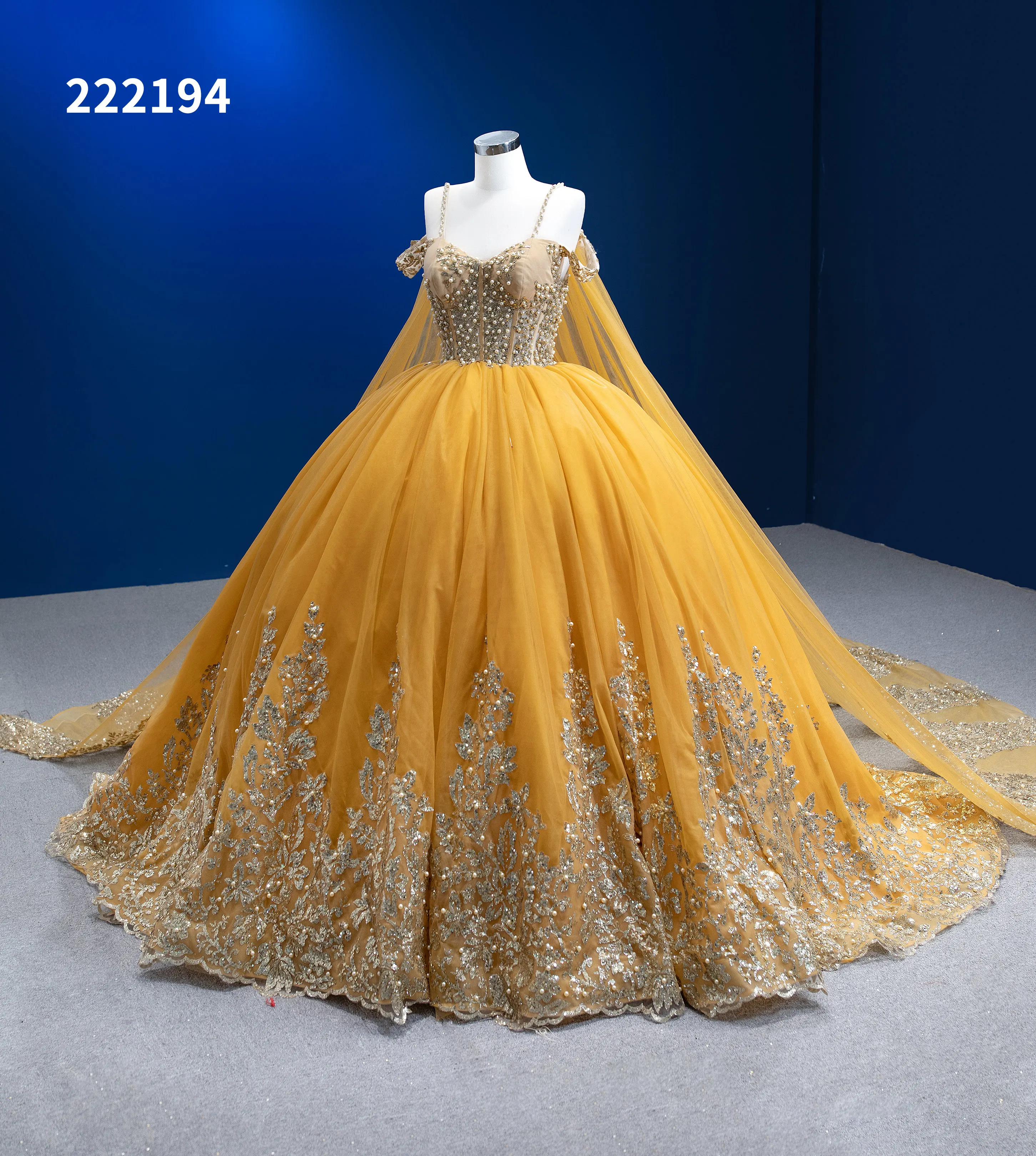 QUEENSGOWN Ladies Light Yellow Dress Shawl Party Ball Gown Elegant Sweetie  Embroidery Beading Dress