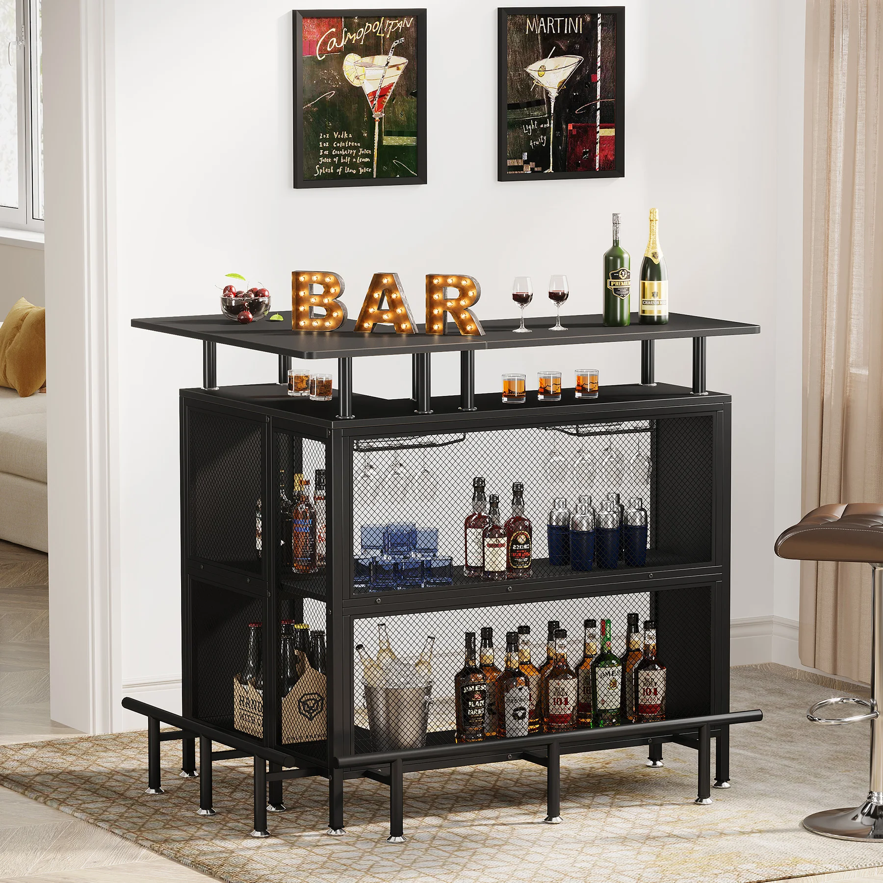 Mini Home Portable Black Liquor Cabinet Coffee Bar Unit Table With ...