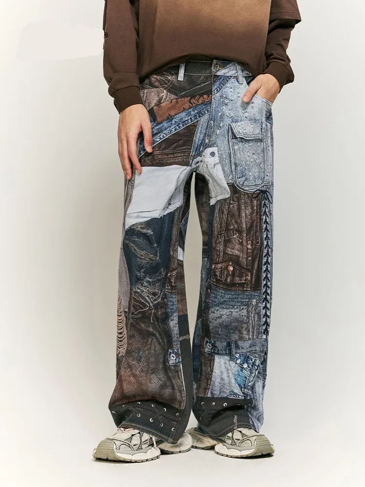 Men Fashion Digital Print Stitching Denim Entry Luxury Brand Men
