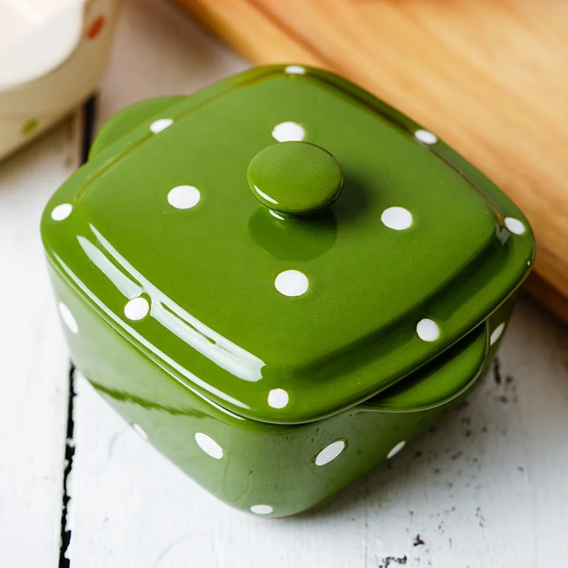 2022 New Arrival Square Ceramic Dinnerware Service Cookware Hand Painted Polka Dot Ceramic Soup Bowl with Lid