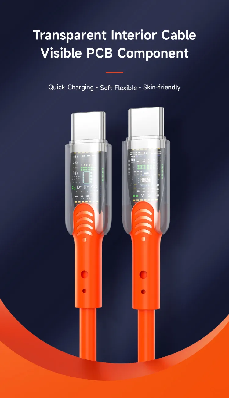 Cheap Style Transparent Dual Type C Charging Cable 65w Pd Usb C To Usb