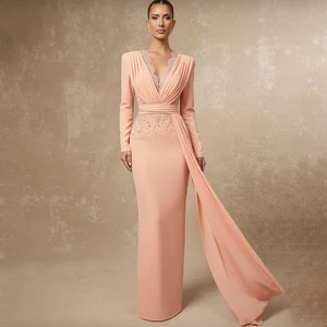 ZYHT 73951 Customization Manufacturer Orange Pink Drape Gemstone Lace V Neck Maxi Formal Evening Dress Cocktail Gown