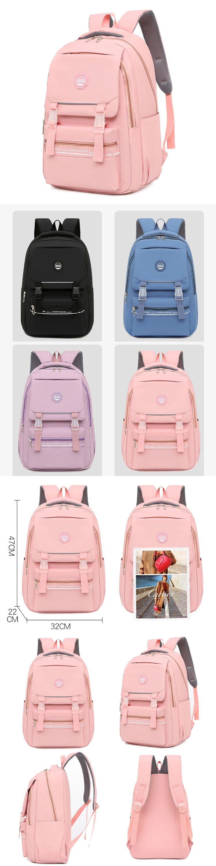 AMNHDO Nylon Middle High School Backpack Korean Style Large Capacity  Schoolbag College Backpacks Teenage Girl Travel Book Bags Mochila(Pink)