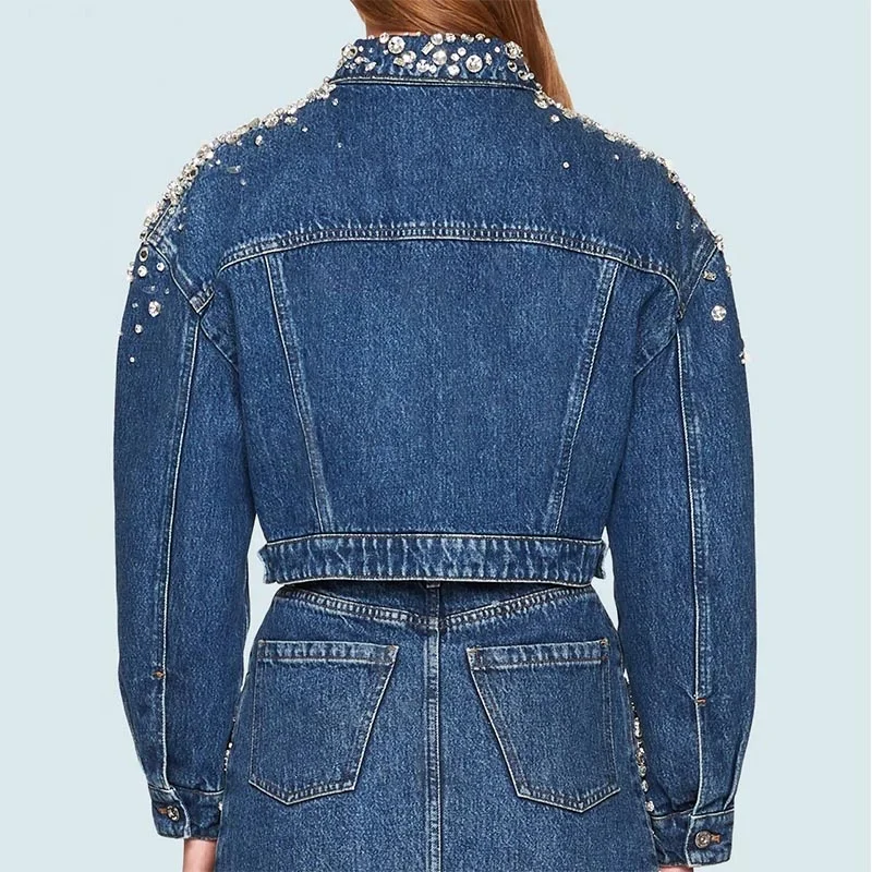 Customizable Beaded Crystal Gems Cotton Denim Jean Jacket Chaqueta De Mujer Women Clothing Sets