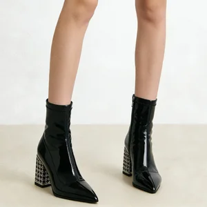 Women's Black Action Ankle Boots - Embellished Chunky Block Heel Pointed-Toe Dress Footwear 2026 Autumn
