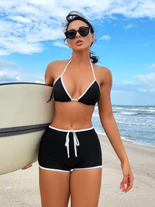 Women Swimming Set Black Two Piece Swimwear with Contrast Binding