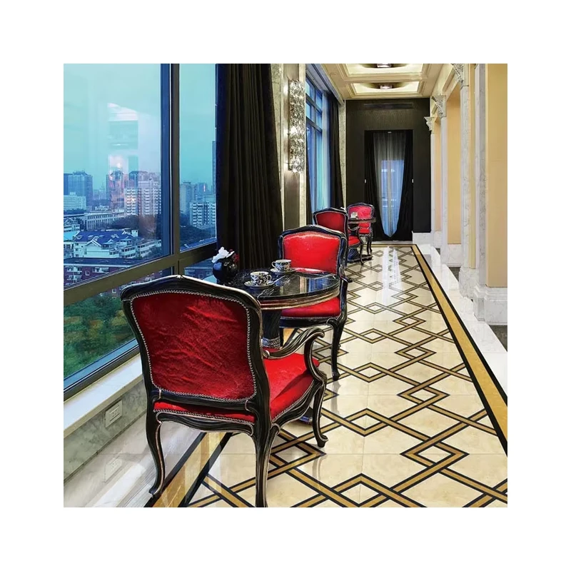 Jubin Lantai Villa Luar/Dalam dan Koridor Kayu dengan Corak Medalion dan Sempadan Marmar Jet Air Klasik Moden serta Permukaan Berkilat