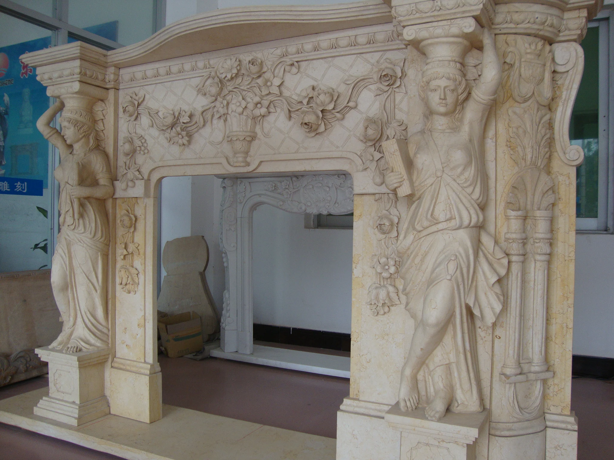 beige marble fireplace