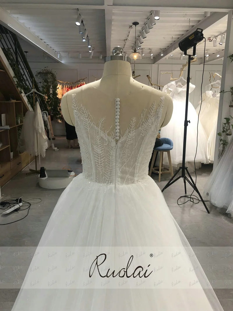 QW01157 Simple Illusion Scoop Neck Beading Lace Wedding Dress Ruffles A-Line Bride Gowns
