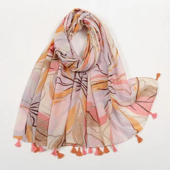 New Elegant Pink Flower Print Scarves for Women Long Soft Thin Floral Pattern Hijabs Ethnic Style Scarves and Shawl