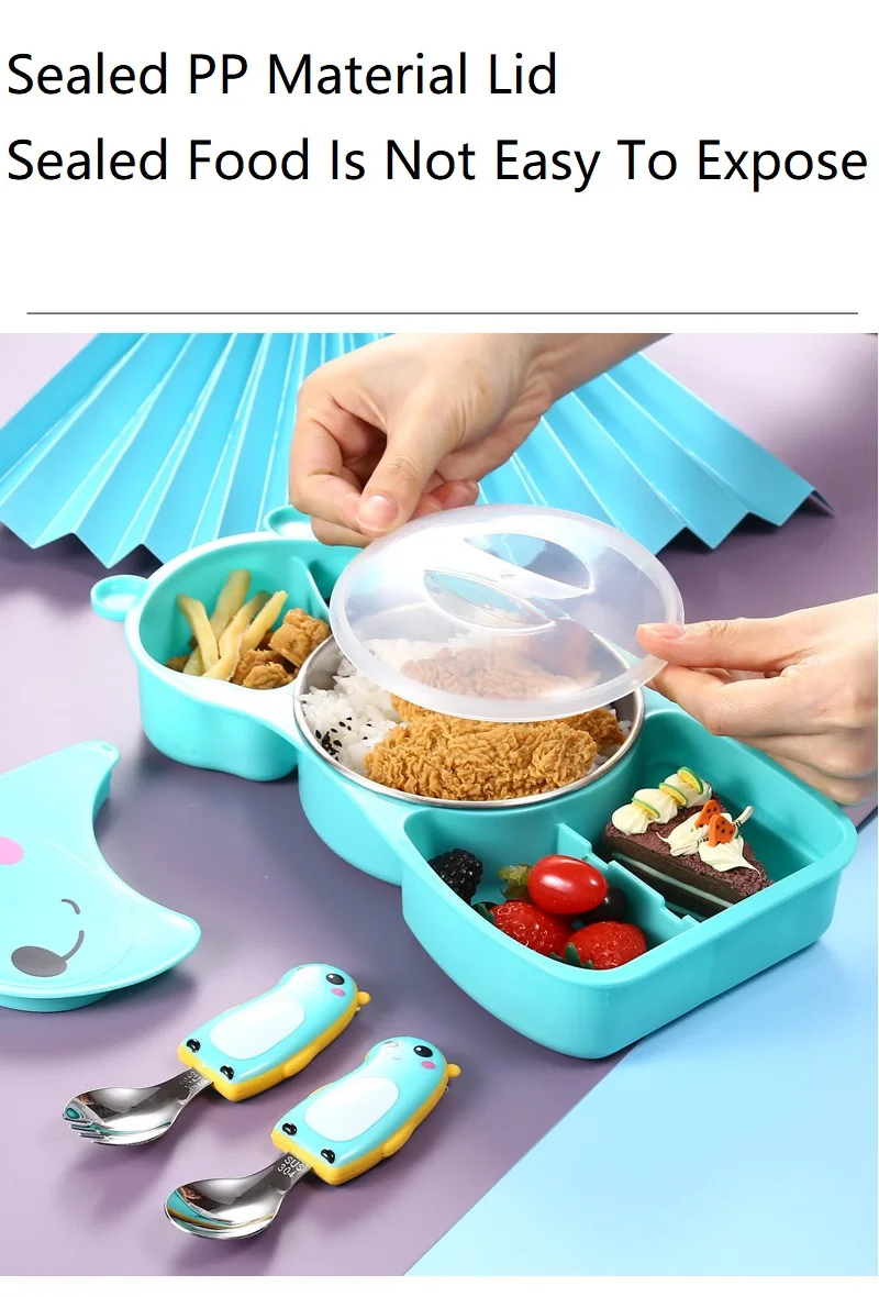 304 children cartoon pig bear dinner plate set stainless steel baby food supplement spoon and fork baby split lunch box