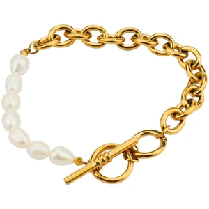 Trendy Minimalist Gold Plated Jewelry Stainless Steel Toggle Clasp Thick Oval Link Freshwater Pearl Bracelet for Women