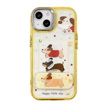 ins Cartoon Cute Dog Dachshund Invisible Mirror Stand Protective Mobile Phone Back Cover Cases For iPhone 13 14 15 Pro Max Case