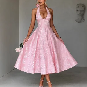 Fashion High Quality Women Halter Casual Dresses Summer Women Backless A-line Halter V-neck Sleeveless Maxi Dresses