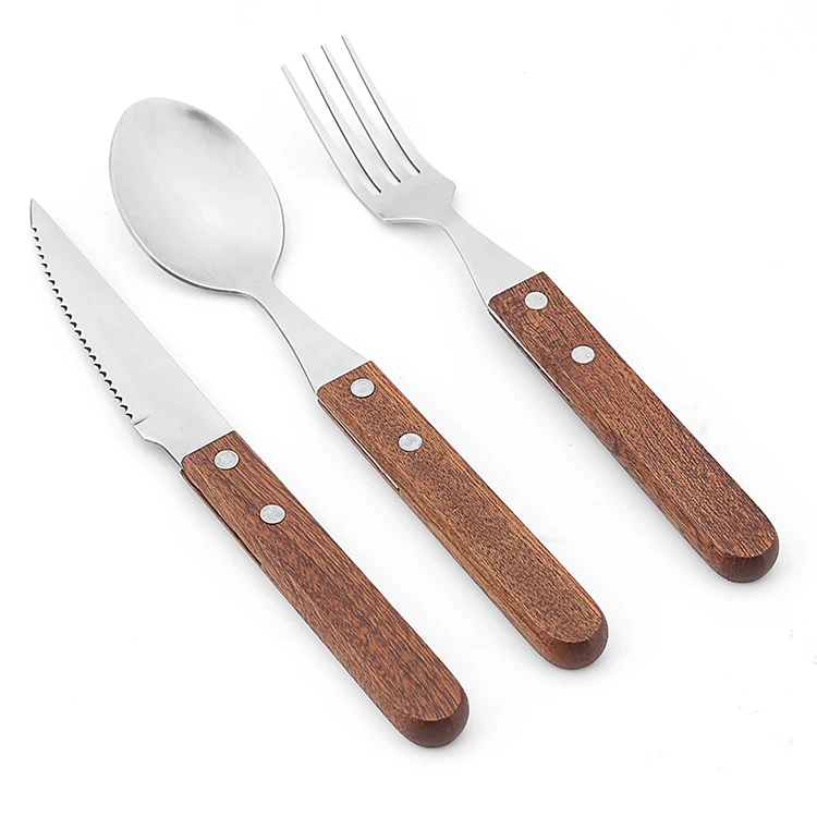 Simple Spoon Fork Knife Wooden Slender Handle Flatware Set 4 pieces Silverware Eating Utensils Set Matte Silver Cutlery