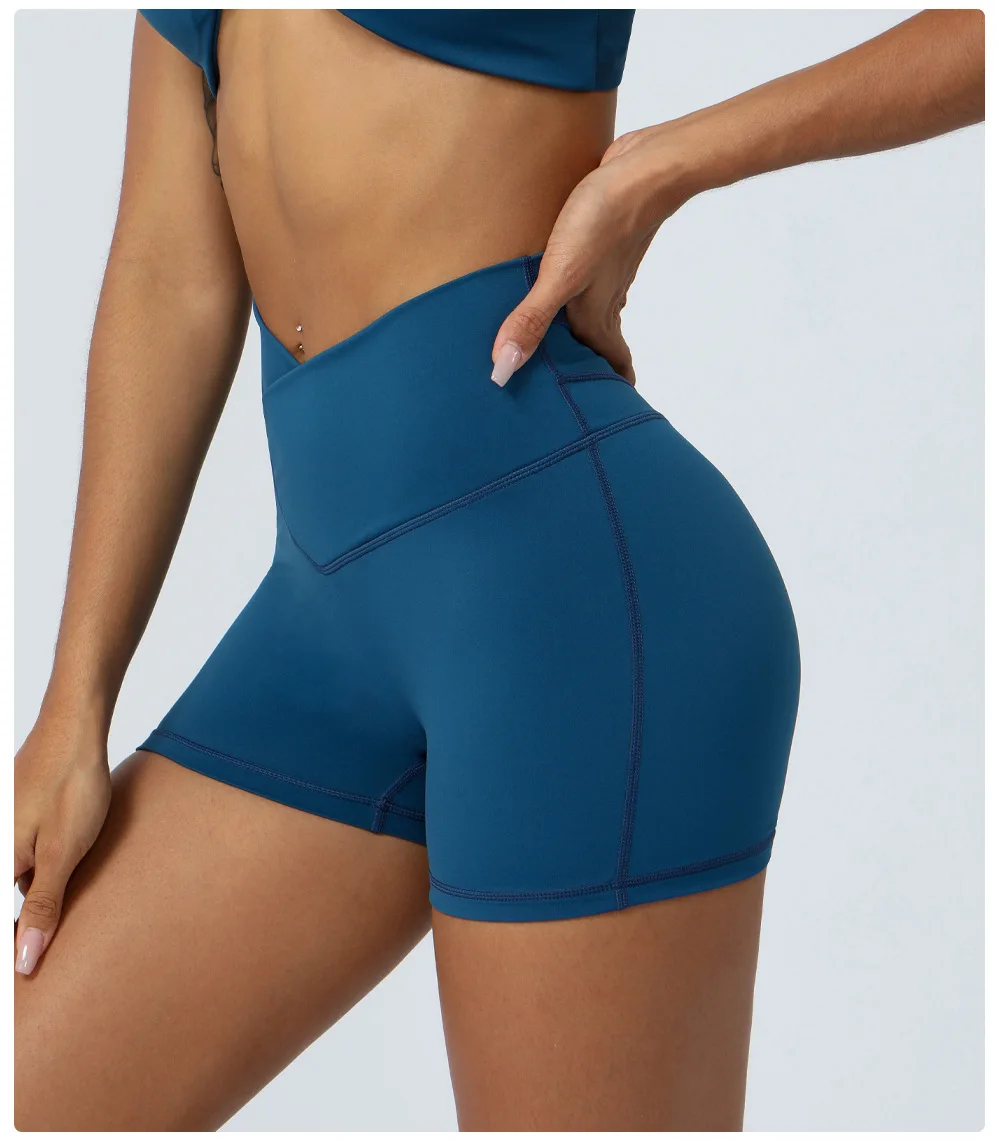 Women Cross Waist V Hip Line Running Short Pants Fitness Yoga Biker
