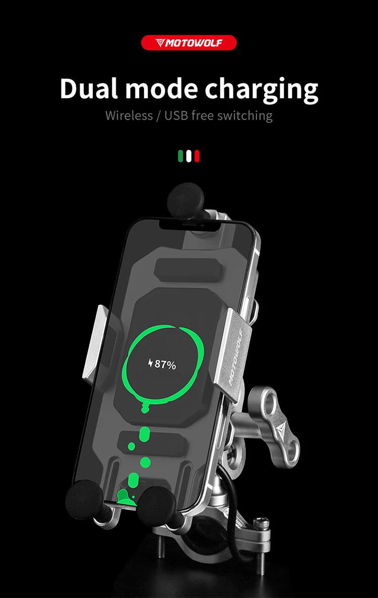 Motowolf Motorcycle aluminum alloy anti-shake and anti-shake wireless fast charging Motorbike mobile phone holder with charger