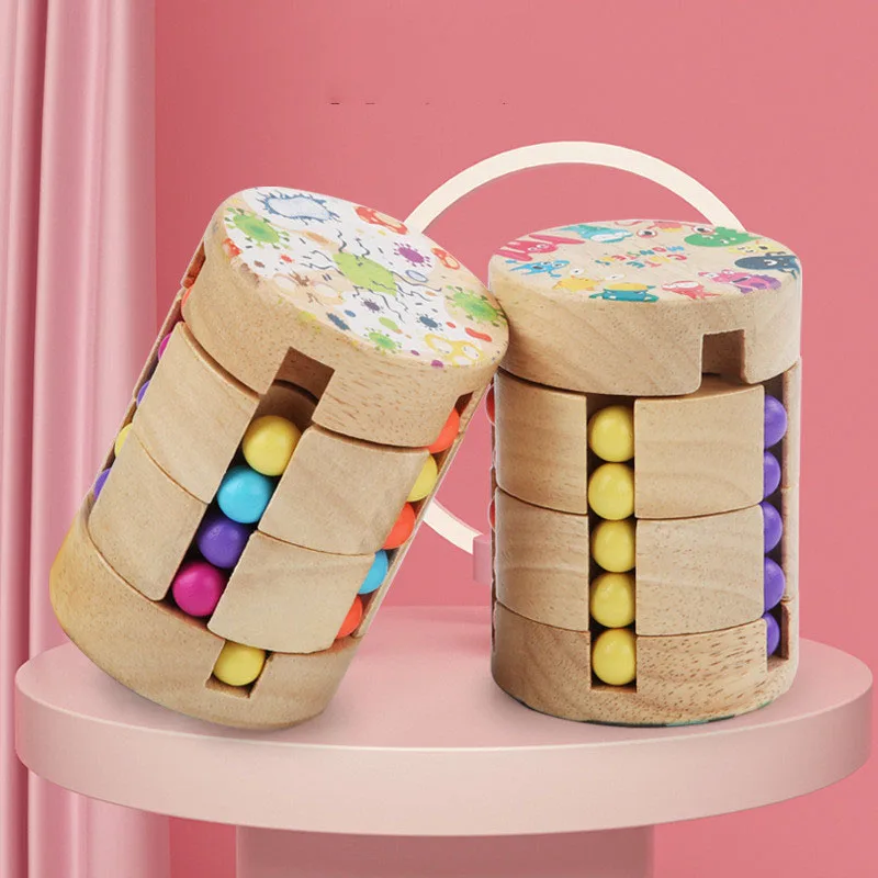 Kids Develop Intelligence Rotating Cube Puzzle Fidget Toy Educational Learning Wooden Magic Beans Toy