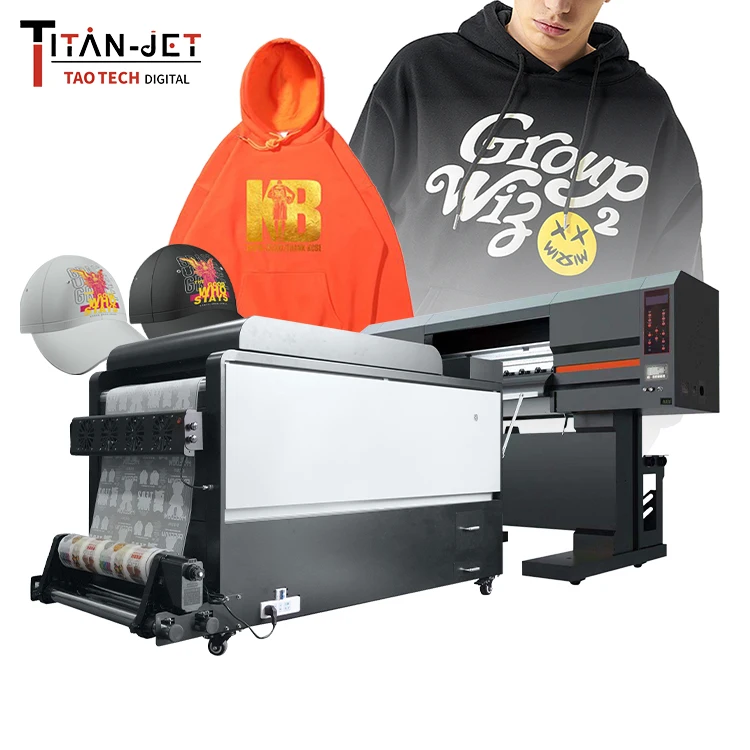 TitanJet széleskörű alkalmazás 2 db I3200 fejjel 60 cm-es DTF nyomtató póló nyomtatógép PET fóliával automata porrázóval