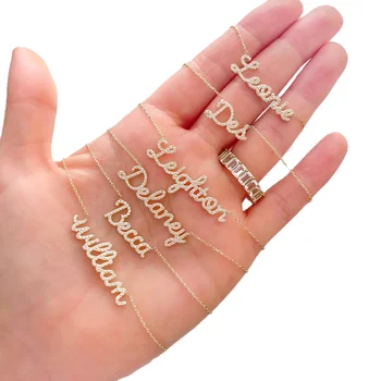 QIUHAN Pave Outline Zircon Script Letter Necklace Gold Vermeil Jewelry Custom Name Necklace