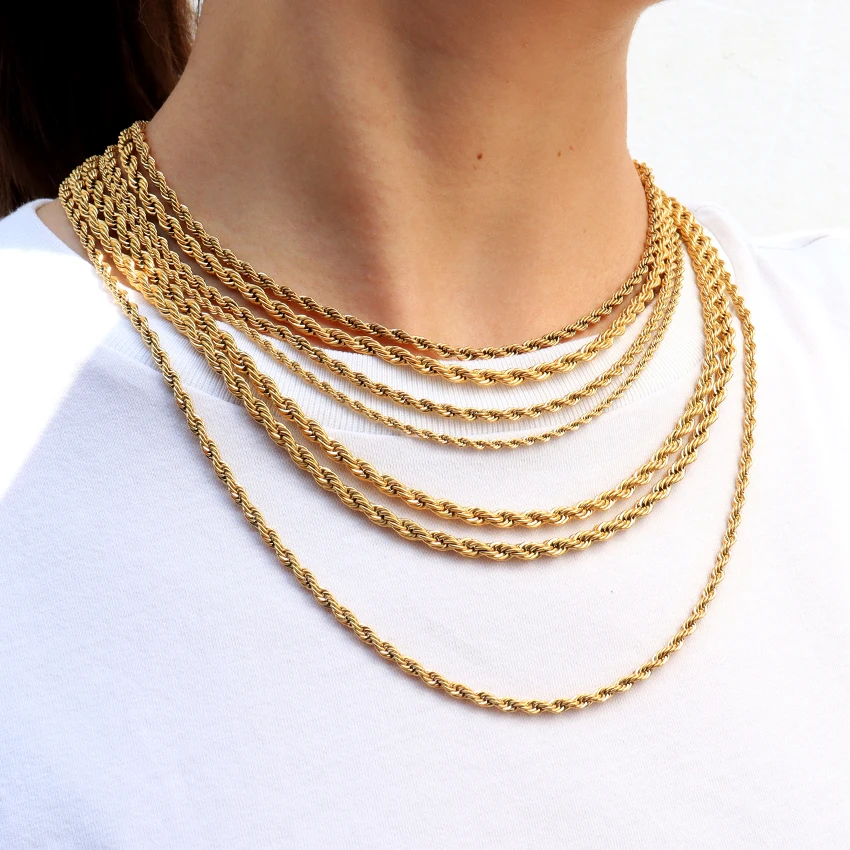 Collar de cadena torcida gruesa de acero inoxidable con estilo minimalista,  joyería para mujer, cadena de cuerda torcida gruesa chapada en oro de 18