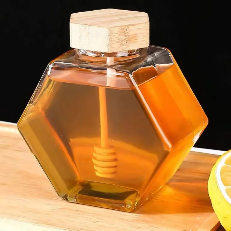 Hot Selling Hexagon Glass Jar Honey Jar Unique Honey Bottle With Wooden Stick Buy Hexagon 3434