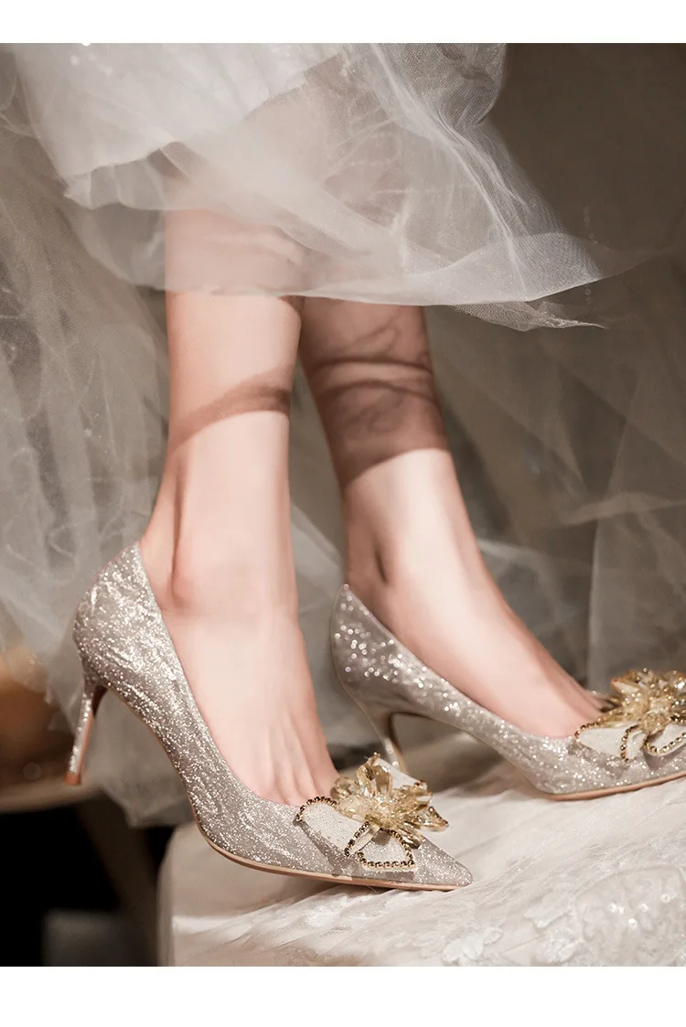 Champagne Color Bride Shoes Women's Wedding Heels Pointed Crystal Bridesmaid Sandals PU Lining Genuine Leather Sole Summer Outdoor Use, image size:750x1123