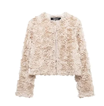 2024 autumn New Fashion women's round neck jacket cardigan slim fit texture floral design jacket Zipper coat OEM