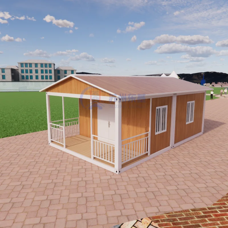 Màu gỗ, tùy chỉnh theo cá nhân, nhà tiền chế 3 phòng ngủ cho gia đình, nhà container mái dốc kép