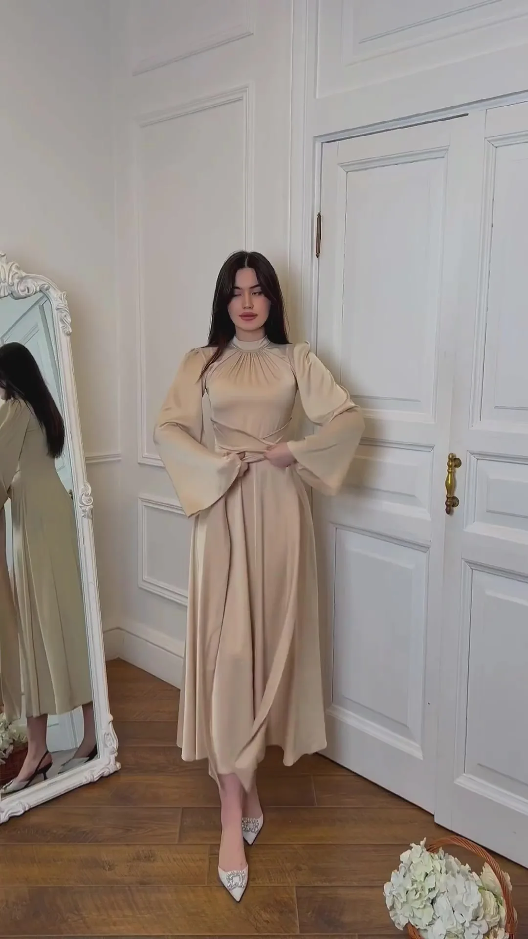 Elegant Long Flare Sleeve Satin Dress Spring Muslim Turkey Abaya Hijab  Dress Women Casual Ramadan Dress