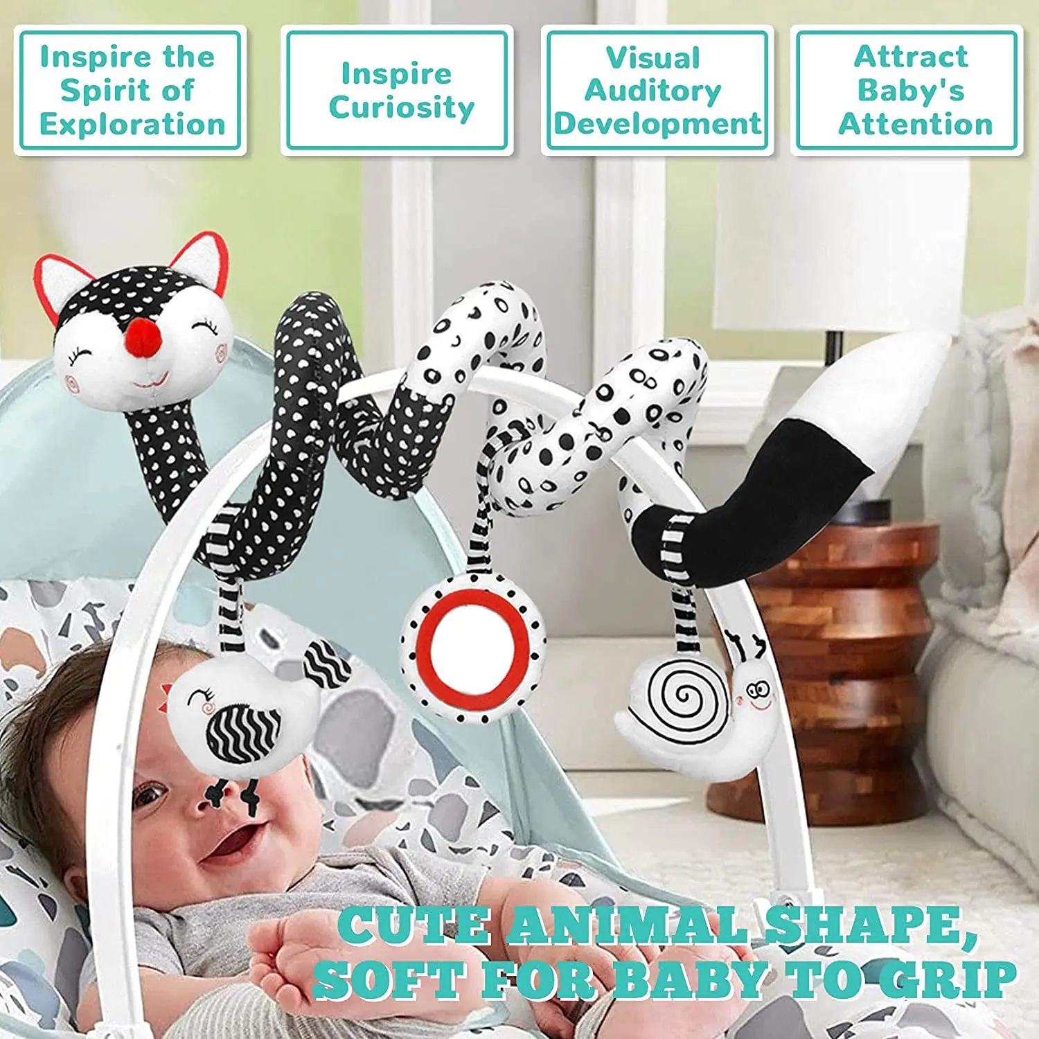 High Contrast Black White Stroller Toy Stretch Spiral Activity Car Seat