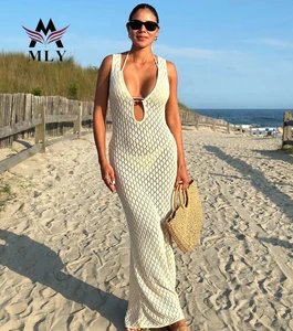 MLY Women Crochet Beach Cover up New Summer v Neck Dress Sexy Sleeveless Hollow Knitted Beach Dress Backless Solid Swimdress