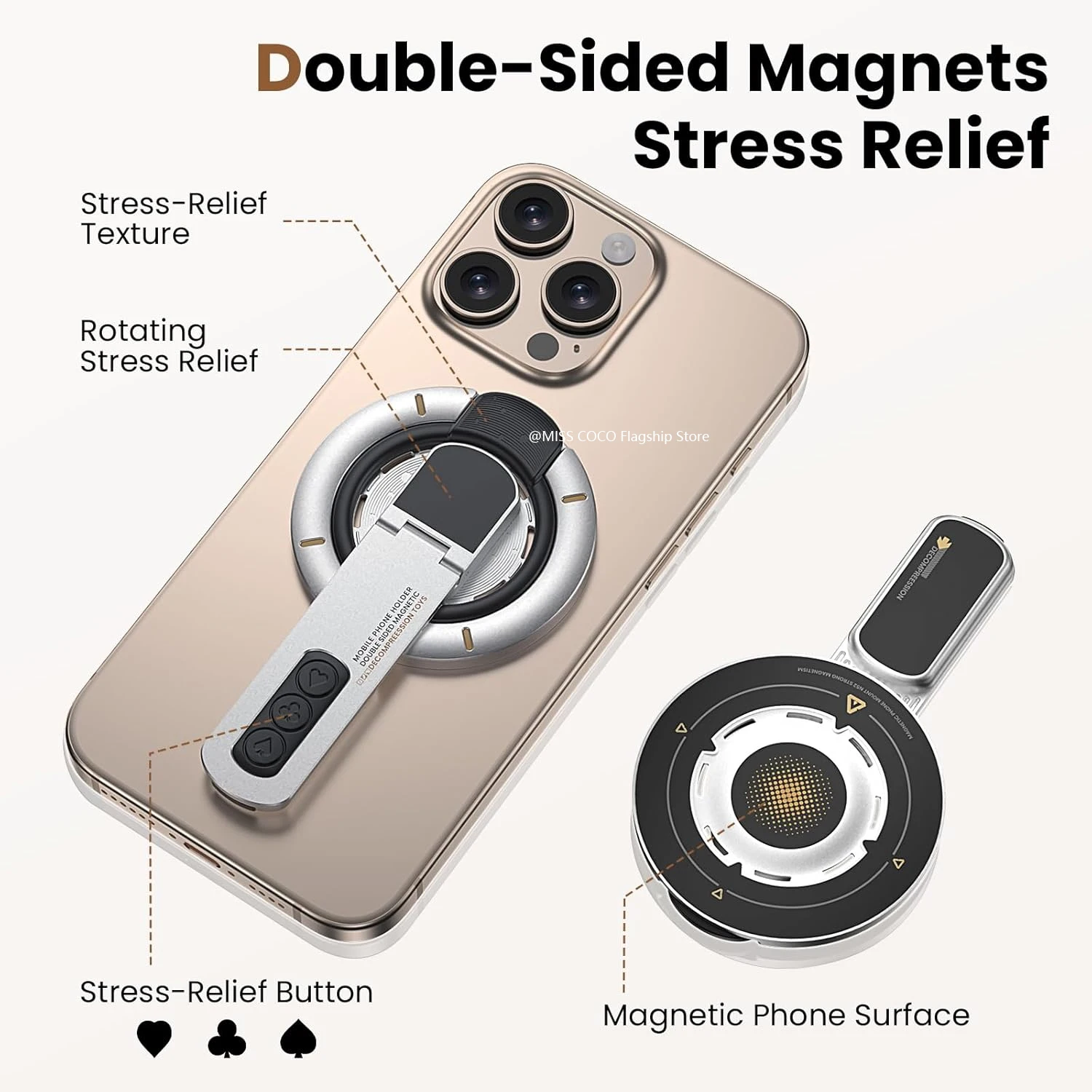 360-degree Rotation Phone Grip Stand, 3-in-1 Magnetic Finger Ring Holder Double-Sided Magnet Phone Stand for iPhone 17 16 15 14