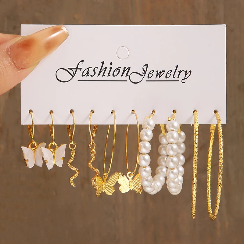 Rinhoo Pearl  Print Dangle Earrings Set  Gold Color Hoop Earrings for Women Butterfly Twist Earrings Jewelry