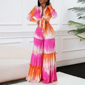 Trendy Women's Two-Piece Set Printed Strap Long Sleeve Top and High Waist Wide Leg Pants for Fall Short Tops Length