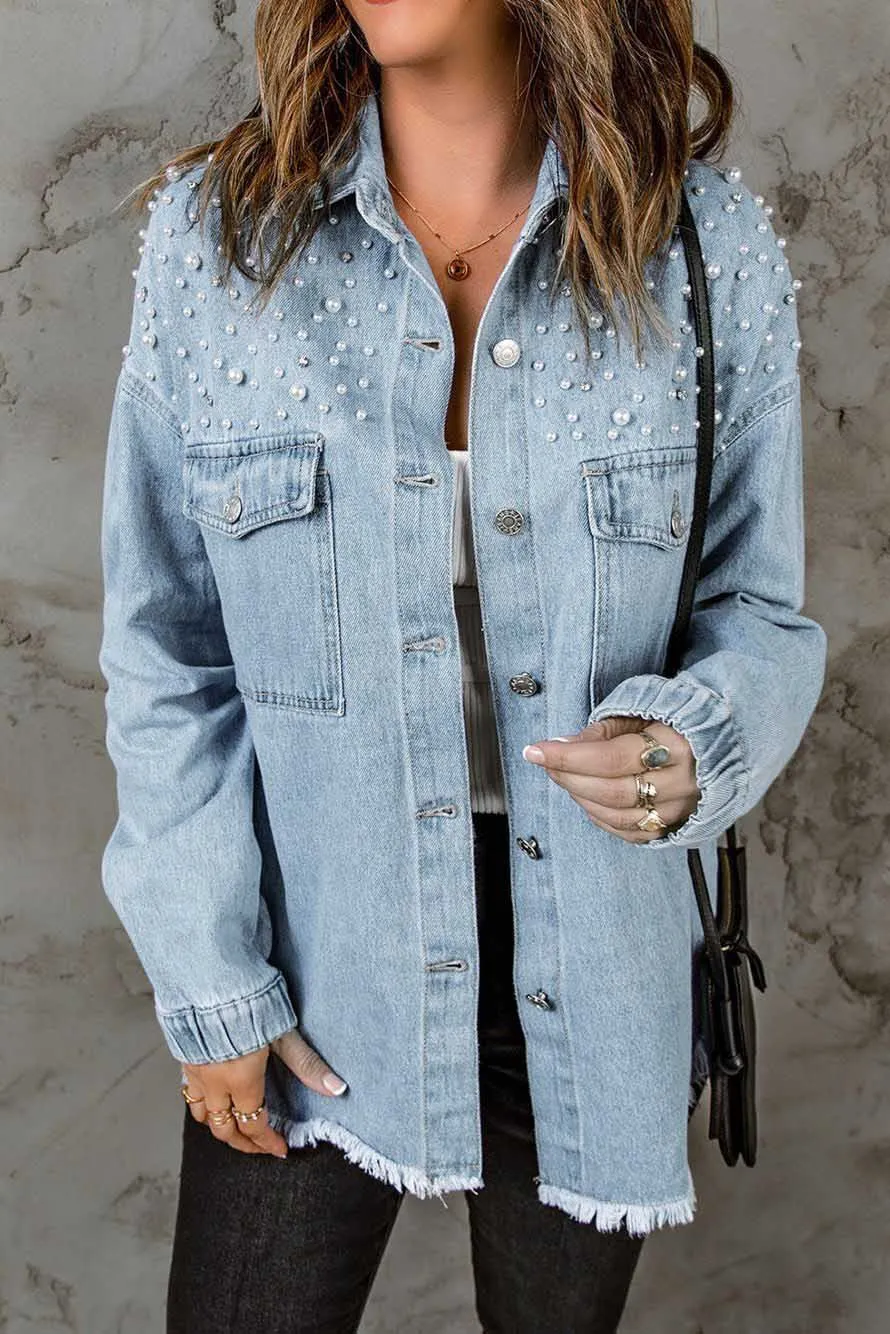 Ladies Denim Jacket Long Sleeve Raw Fringe Pearl Women Jacket Wholesale Large Size Coat