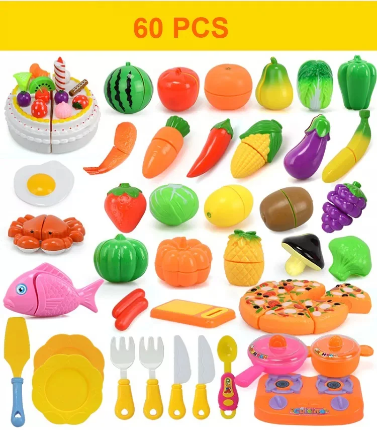 Kids Kitchen Set Pretend Play Plastic Fruit And Vegetable Cut Toys Trolley Basket Girls Kitchen