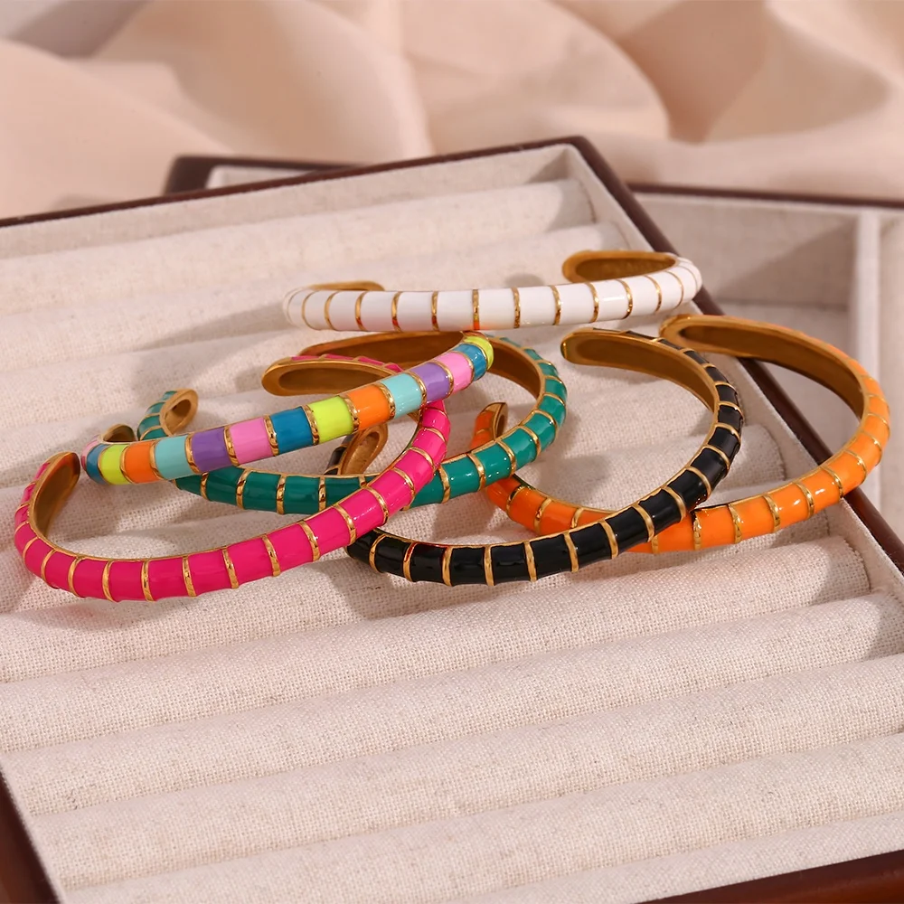 Colorful Enamel Open Design Fine Jewelry Bracelets Bangles for Girls 18k Gold Plated Stainless Steel Bangles for Women