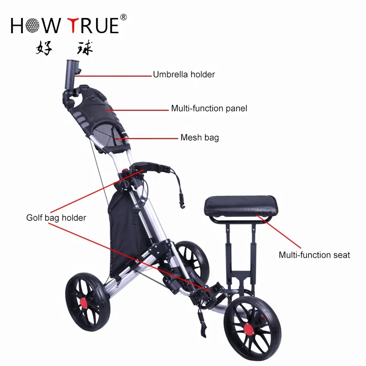 HOW TRUE Swivel Foldable 3 Wheel Golf Push Cart Foldable Aluminum Golf Trolley With Umbrella Stand