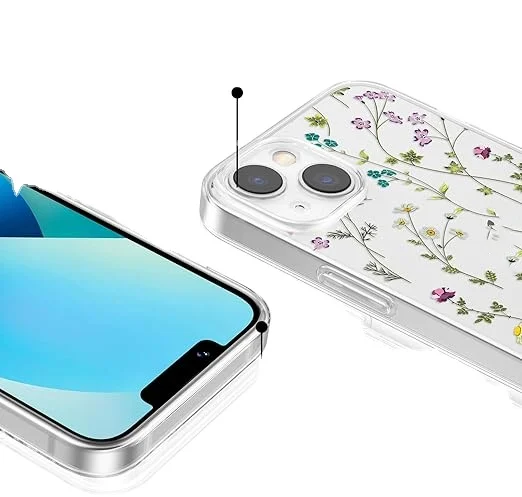 Cute Cover Case for iPhone 15 Clear Case with Flower Branch Pattern  Slim Thin Soft Silicone Shockproof Transparent