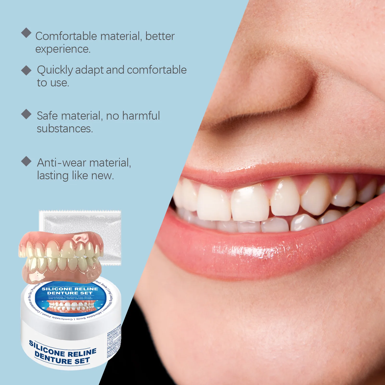 Hot Selling for Various Teeth to Enhance Smile Aesthetics Comfortable Installation Convenient Silicone Reline Denture Set
