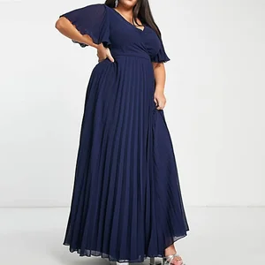 New Formal Plus Size Women's V-neck Flutter Sleeve and Tie-back Waist Pleat Navy Elegant Maxi Dress
